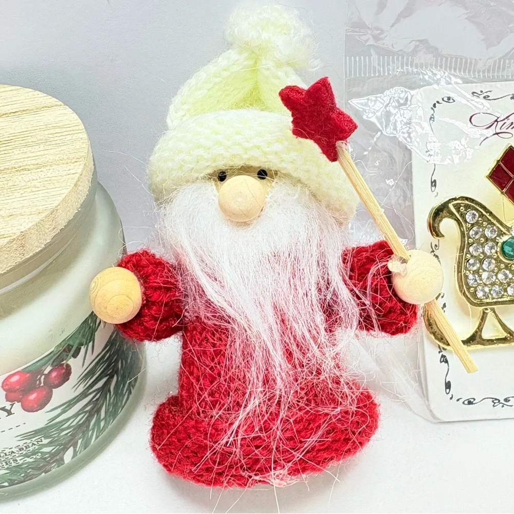 Cost Plus World Market Cranberry Balsam Candle sleigh pin and Santa ornament